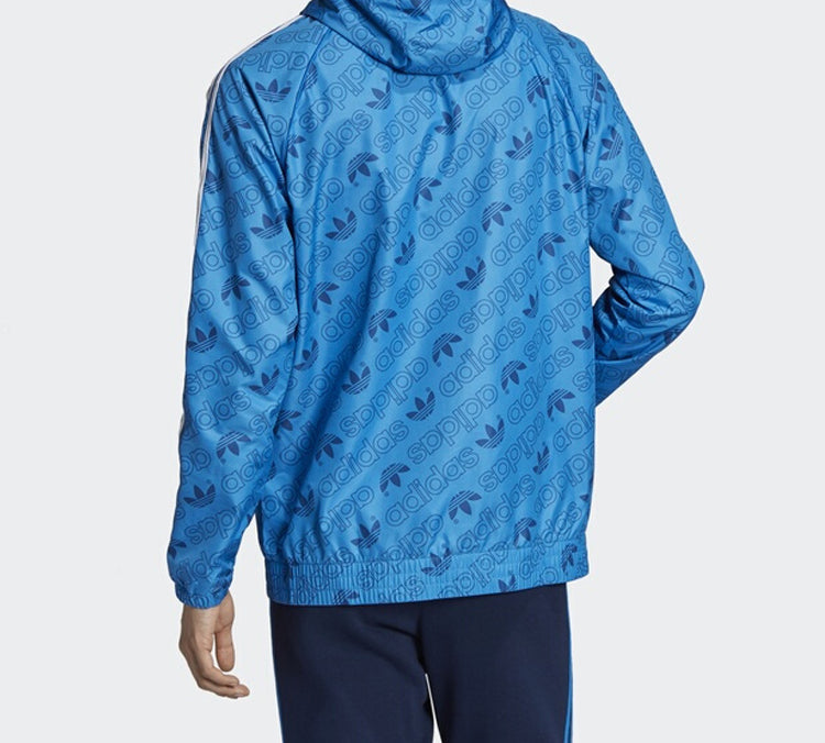adidas originals Mono Windbreak Full Print Logo hooded Jacket Blue ED7046