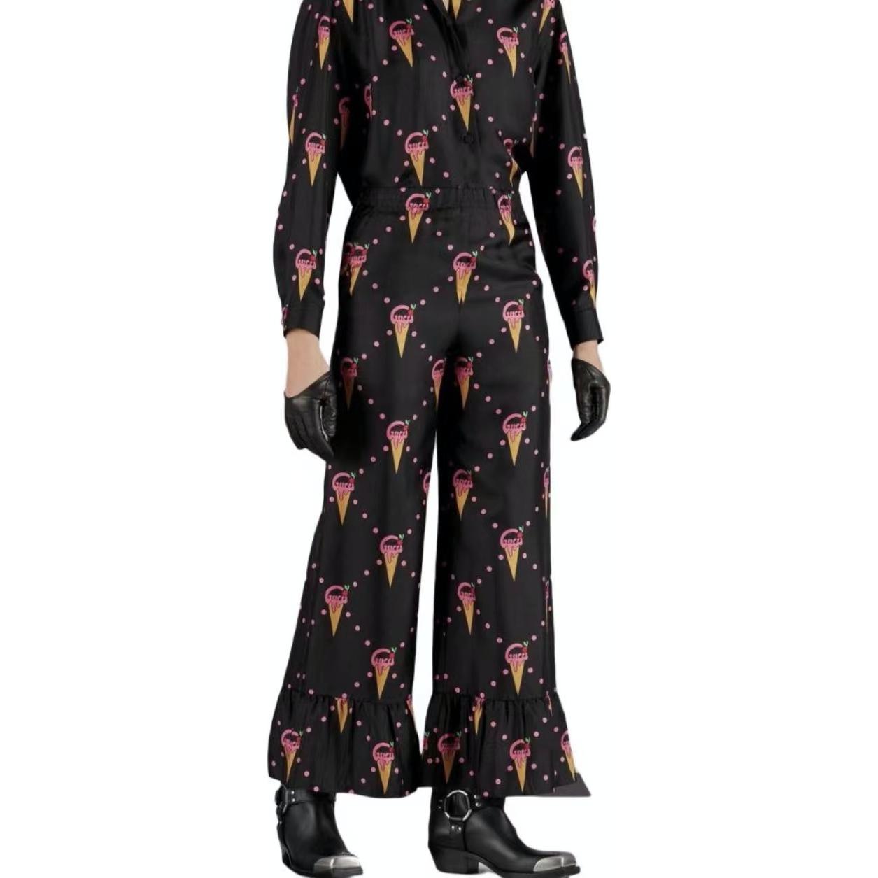 (WMNS) Gucci Ice Cream Print Satin Trousers 'Black' 733835-ZAL41-1187