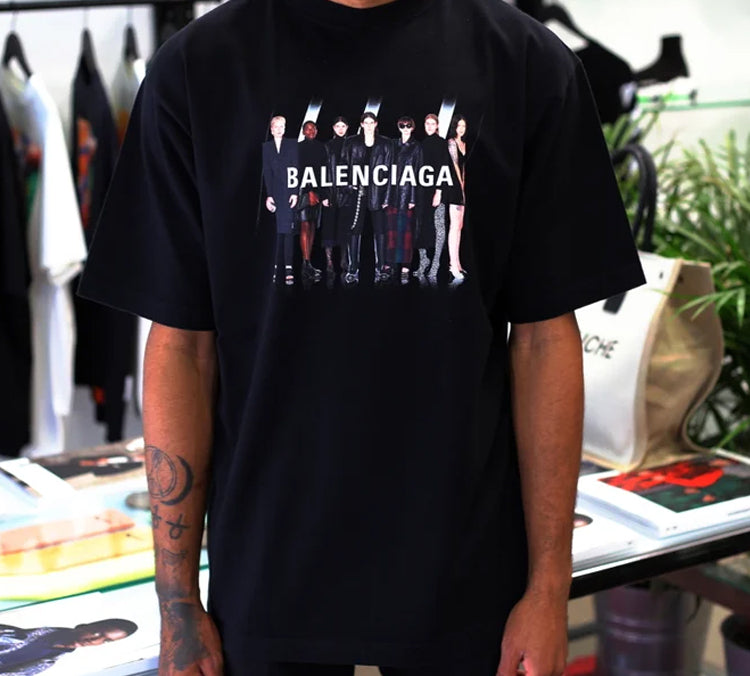 Men's Balenciaga Oversize Logo Printing Retro Shoulder Drop Short Sleeve Black 620969TIVA11000