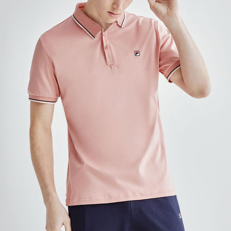 FILA Logo Solid Color Sports Short Sleeve Knitted Polo Shirt For Men Pink F11M021121G-PK