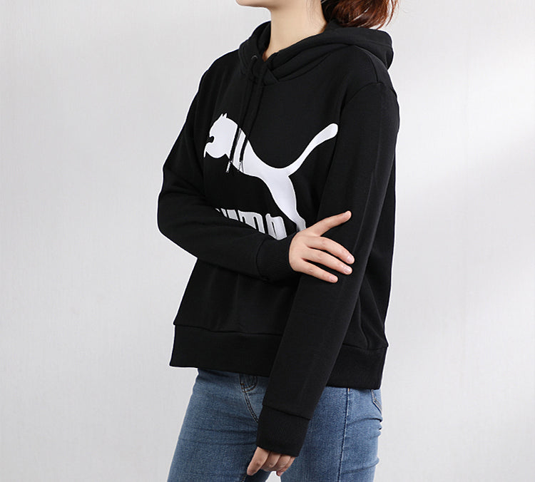 (WMNS) PUMA Classics Logo Hoody Knitting Pullover Fleece Black 595915-01