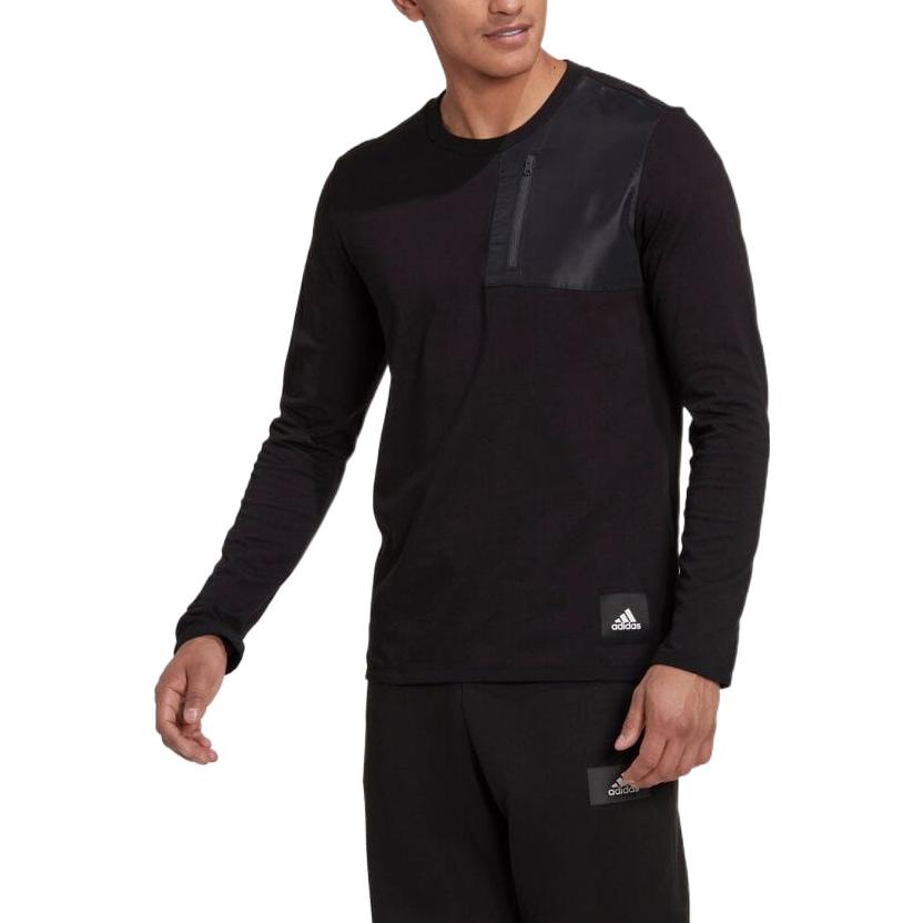 Men's adidas Solid Color Zipper Pocket Long Sleeves Black T-Shirt HN1661