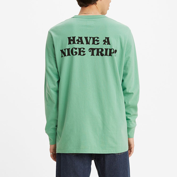 Men's Levis Logo Alphabet Printing Loose Round Neck Long Sleeves Green T-Shirt 29495-0022