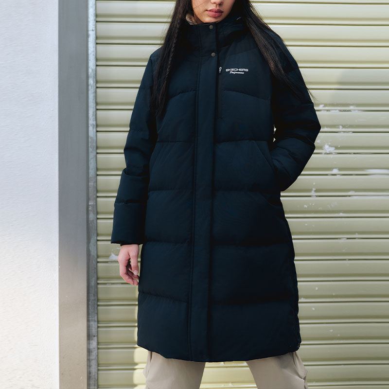(WMNS) Skechers BASIC Logo Printed Long Down Jacket 'Black' P423W126-0018