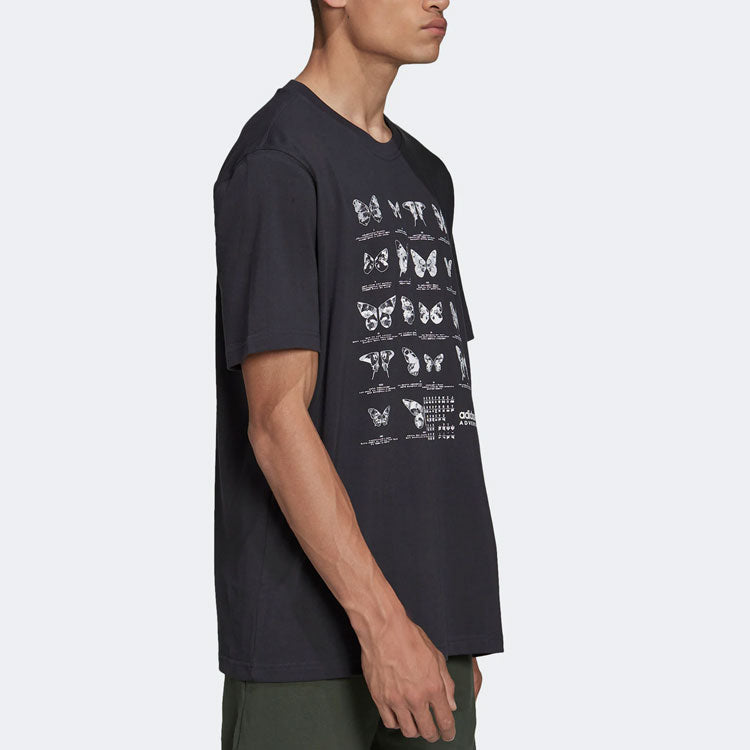 Men's adidas originals Butterfly Printing Casual Sports Loose Short Sleeve Black T-Shirt HF4802