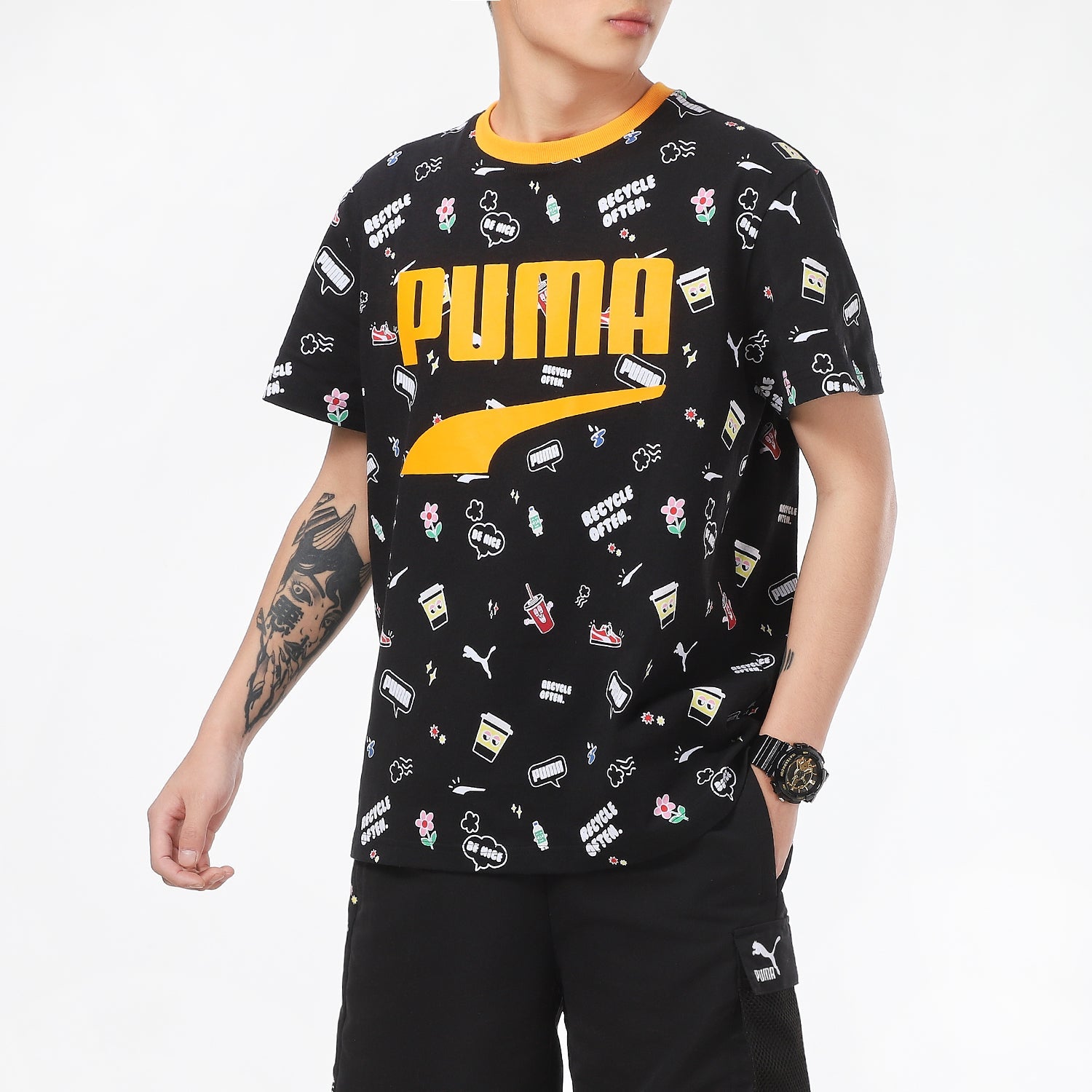 PUMA Awareness Aop Tee Sports Alphabet Printing Short Sleeve Black 532033-01