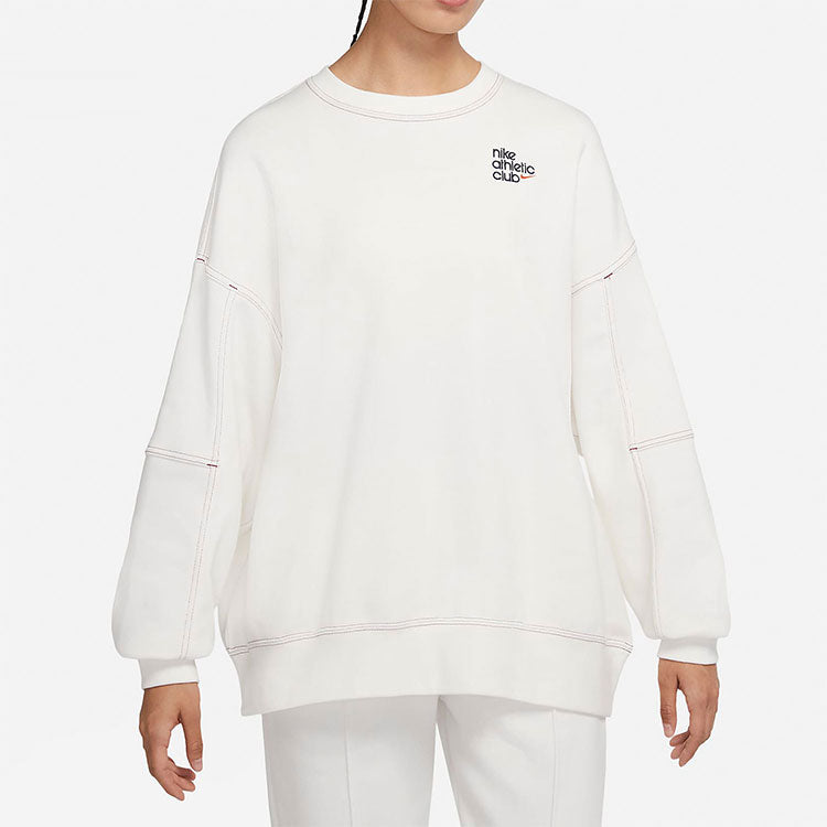 (WMNS) Nike SS22 Sportswear Athletic Club Printing Fleece Round-neck Swea White DQ9146-133