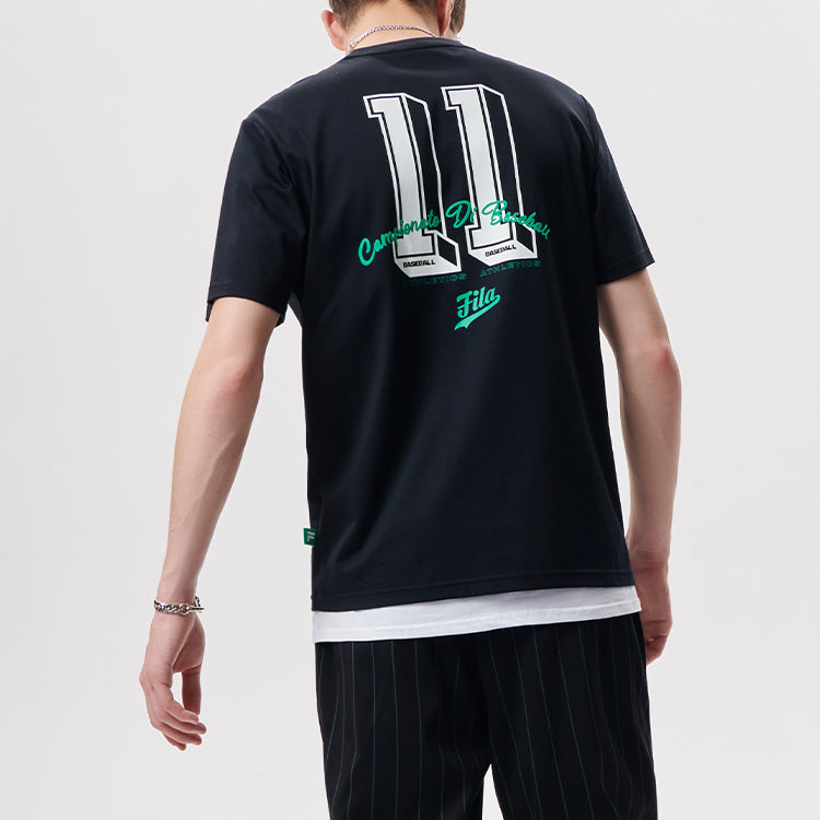 Men's FILA FUSION Baseball Sports Printing Round Neck Short Sleeve Dark Black T-Shirt T11M132105F-BK
