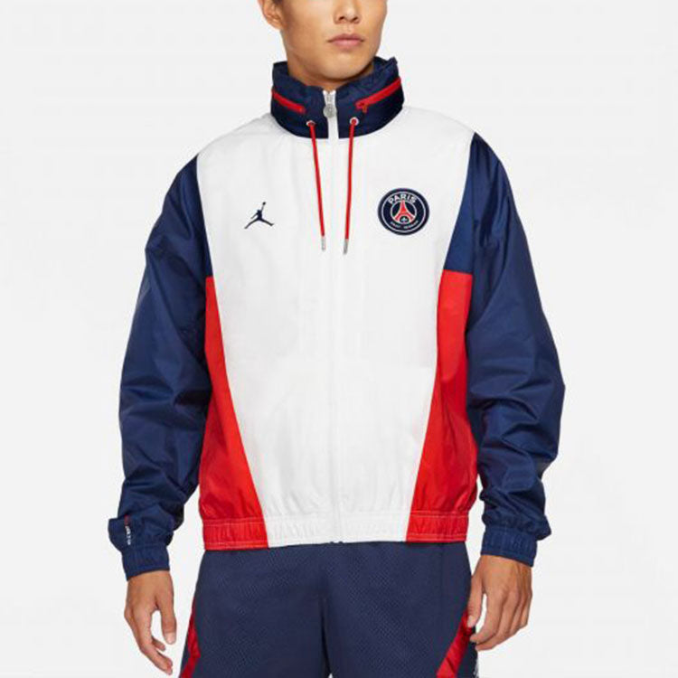Men's Air Jordan Paris Saint-Germain Colorblock logo Sports Woven Storage Simple Hooded Jacket White Blue DB6487-100