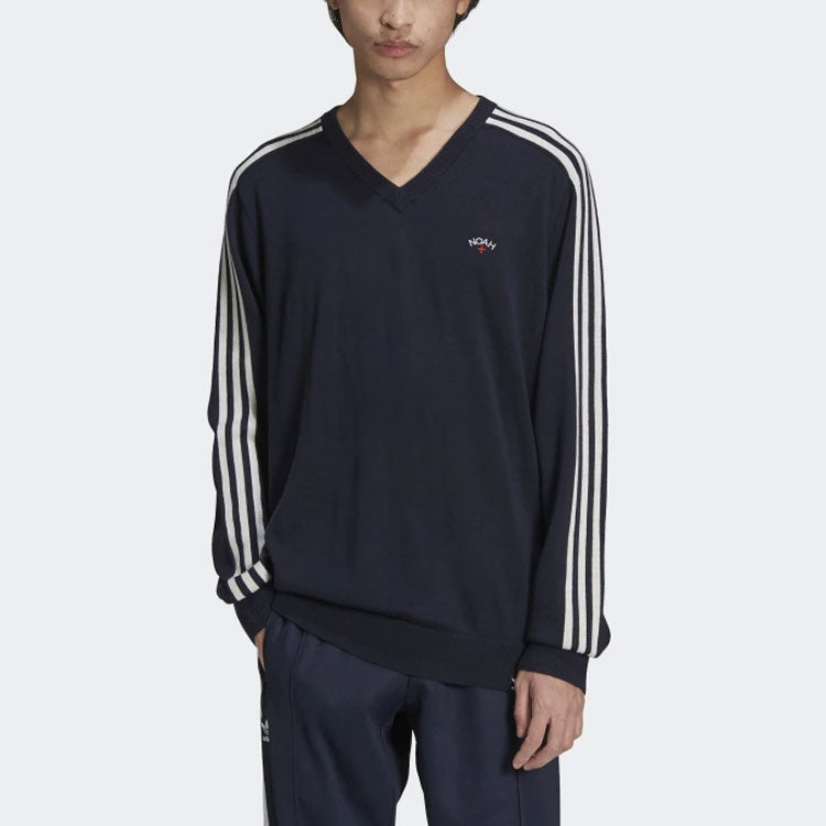 Men's adidas originals x NOAH Crossover V-neck Embroidered Logo Side Stripe V Neck Wool Sweater Legendary Ink Blue HC4303