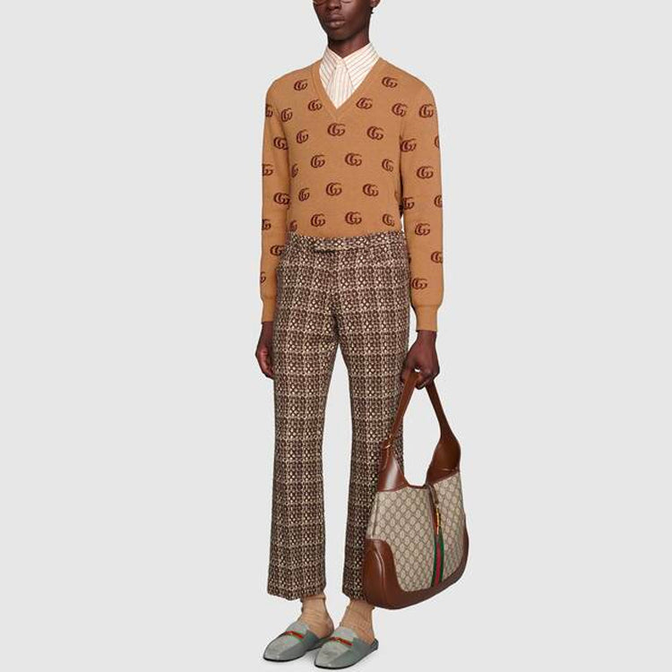 Gucci Double G Jacquard Wool V-Neck Sweater 'Camel Brown' 645292-XKBPF-8011