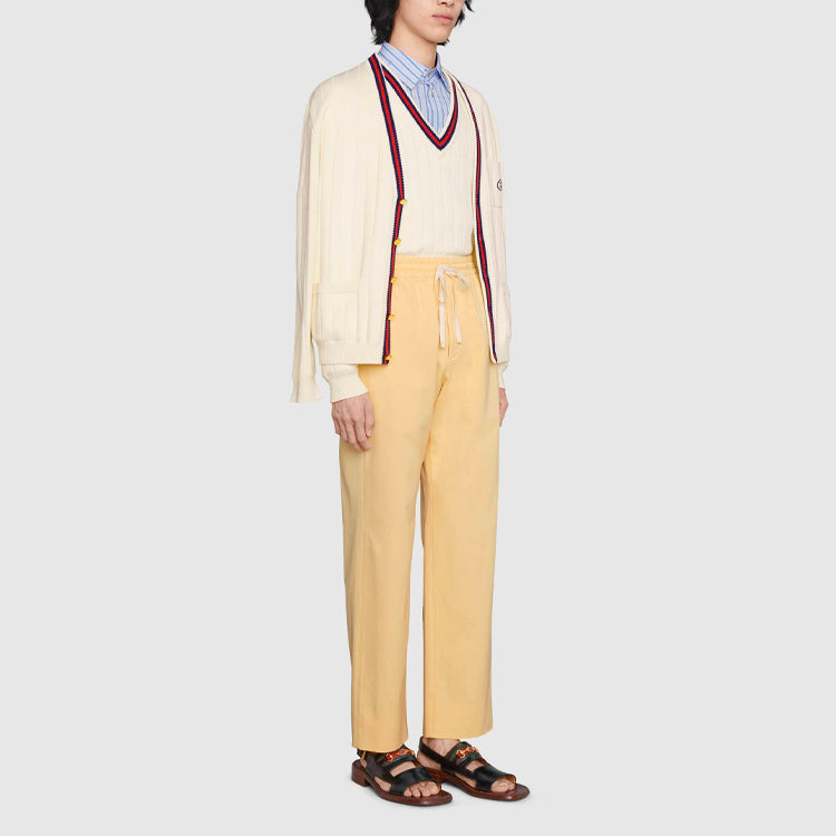 Men's Gucci SS21 Knit V Neck Webbing Wool Sweater Beige 653626-XKBUR-9182