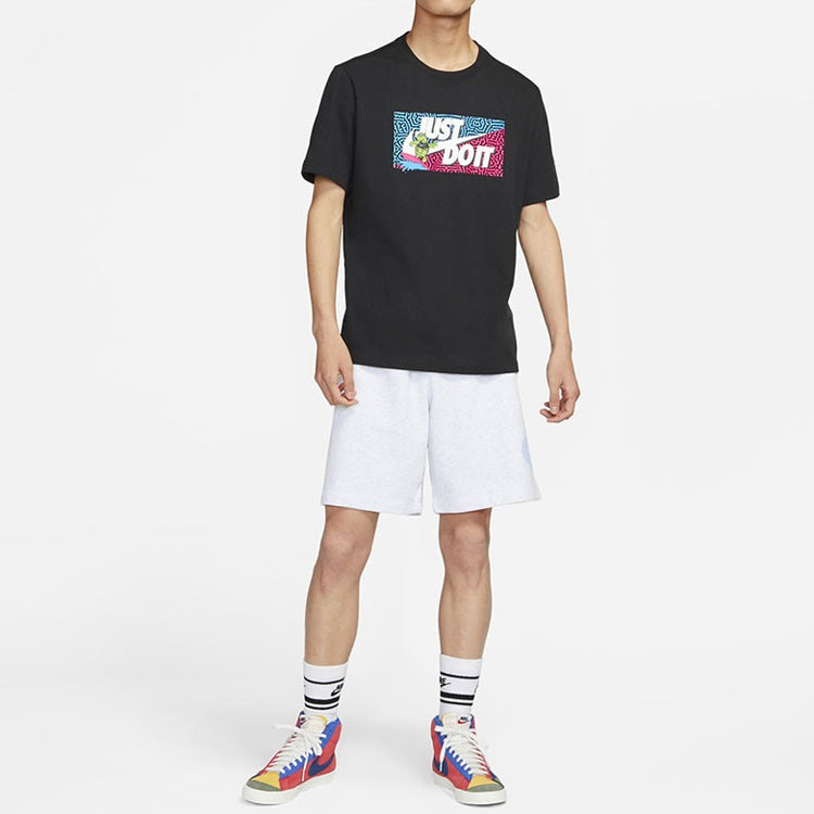 Men's Nike Square Brand Logo Cartoon Printing Round Neck Casual Short Sleeve Black T-Shirt DQ1088-010