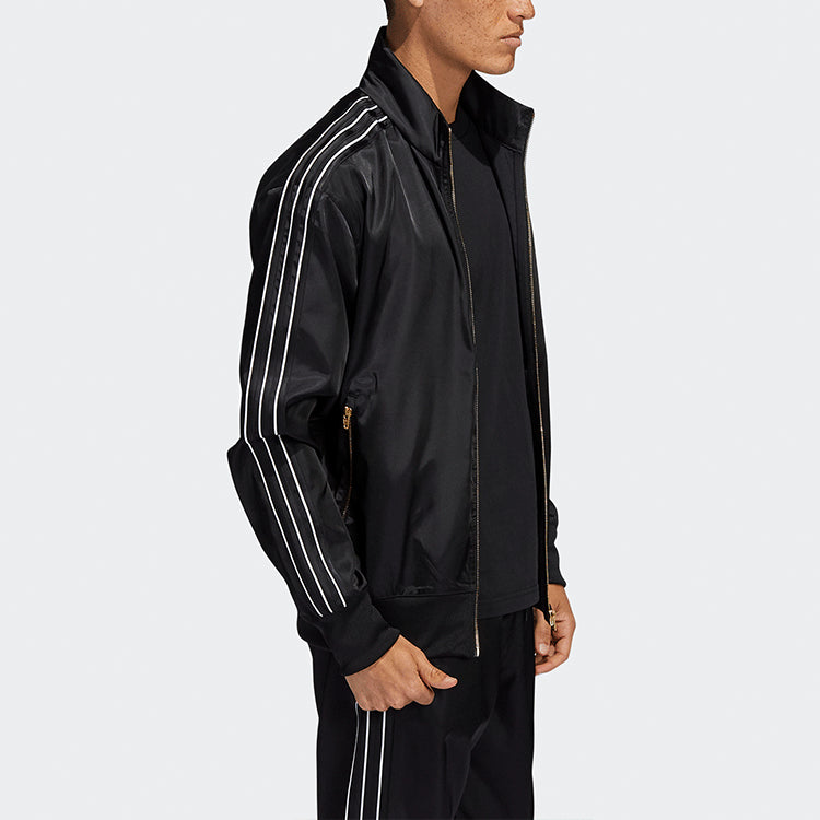 Men's adidas originals Stand Collar Stripe Zipper Ribbed Cuff Long Sleeves logo Sports Jacket Black H31290