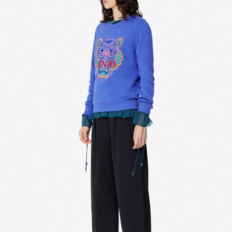 (WMNS) KENZO Embroidered Tiger Head Round Neck Blue Hoodie F962SW7164X7-80