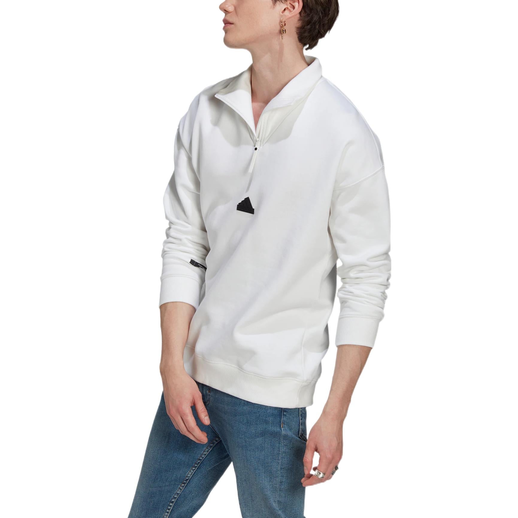 Men's adidas New 1/2-zip Solid Color Small Logo Half Zipper Pullover Stand Collar Long Sleeves White HG2074