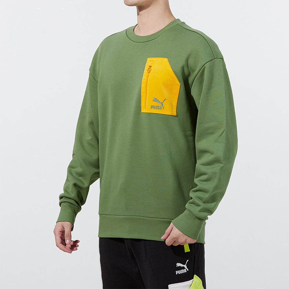 PUMA Contrasting Colors Zipper Pocket Sports Round Neck Pullover Green 535130-67