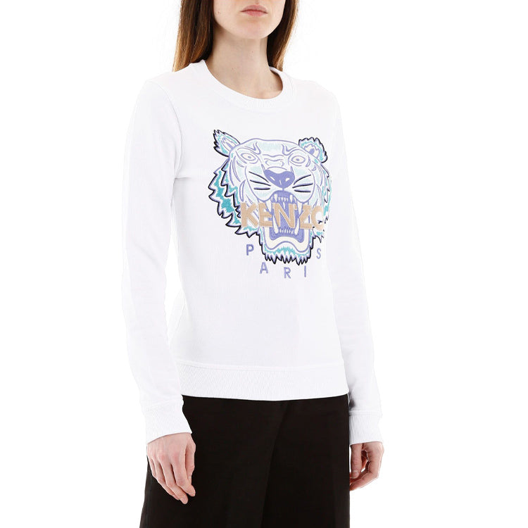 (WMNS) KENZO Tiger Head Round Neck Long Sleeves Hoodie White FA52SW7194U9-01