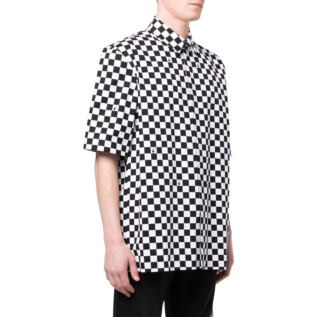 Men's Off-White Plaid Lapel Short Sleeve Black Shirt OMGA216S22FAB0021001