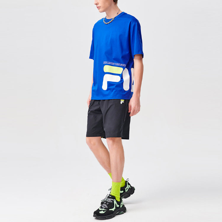 Men's FILA FUSION Contrasting Colors Logo Printing Loose Knit Sports Short Sleeve Blue T-Shirt T11M122114F-BU