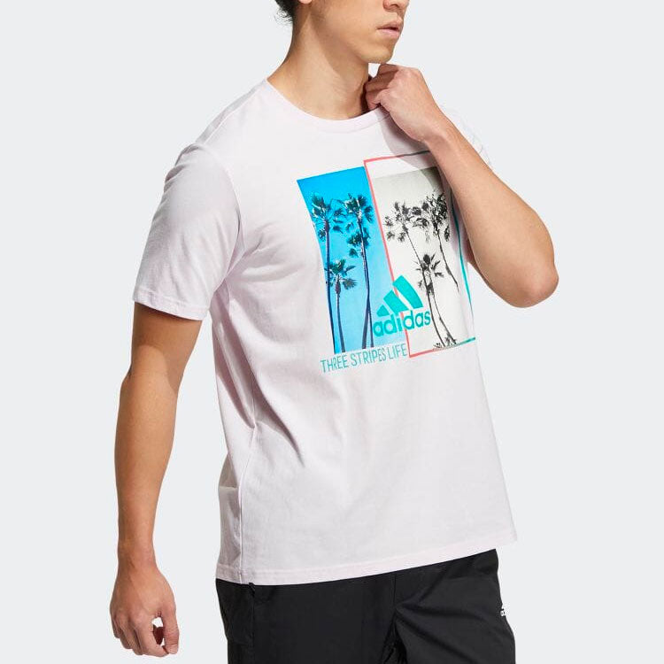 Men's adidas Pattern Printing Casual Round Neck Pullover Short Sleeve Japanese Version White T-Shirt HN0400