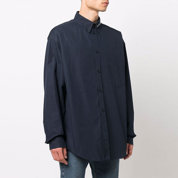 Balenciaga Logo Collar Long Sleeve Button Down Shirt 'Navy' 671586TYB184100