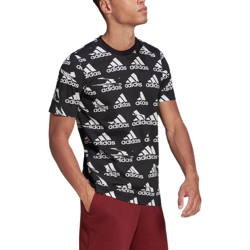 Men's adidas Logo Full Print Round Neck Pullover Short Sleeve Japanese Version Black T-Shirt HE1788