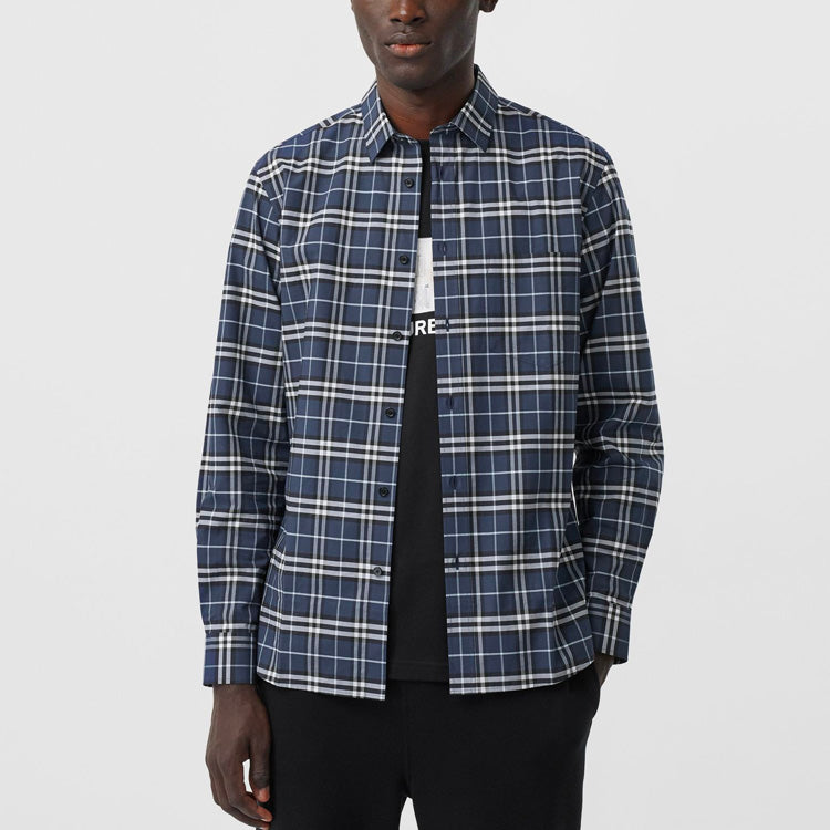Men's Burberry Plaid Long Sleeves Casual Shirt Navy Blue 80175651