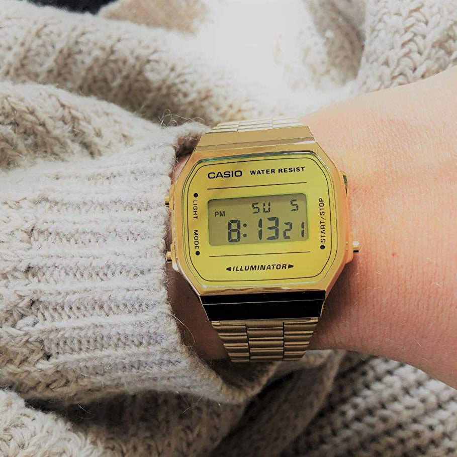 CASIO Mirror Face Stainless Steel Unisex Vintage Waterproof Mens Gold Digital A168WEGM-9