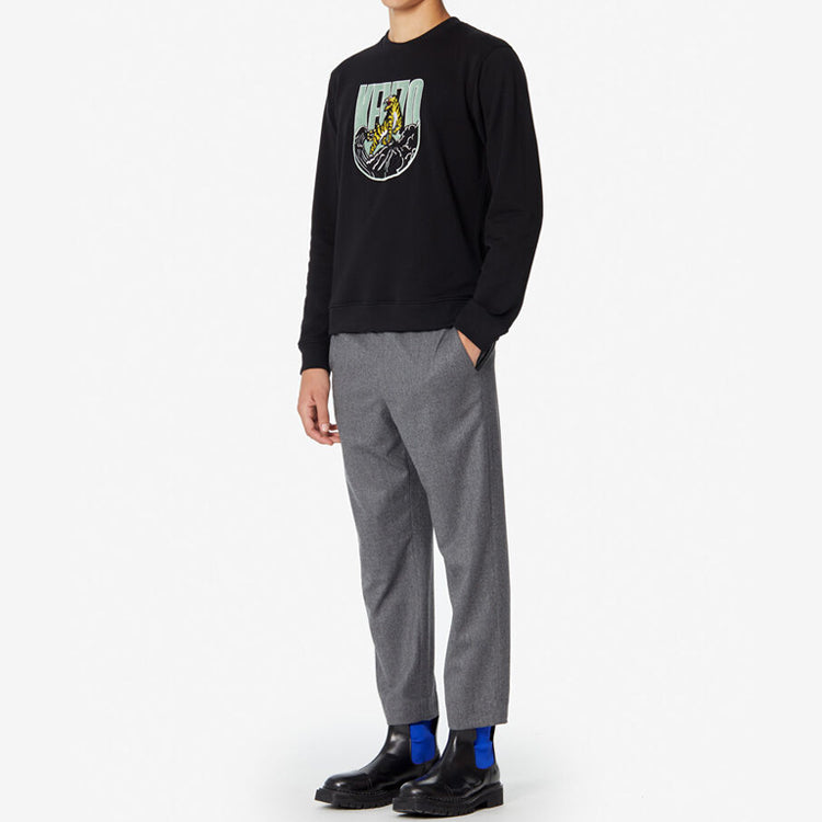 Men's KENZO Embroidered Cotton Round Neck Long Sleeves Black F96-5SW125-4X6-99