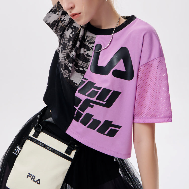 FILA FUSION Logo Printing Splicing Round Neck Loose Short Sleeve Black T11W136101F-VT