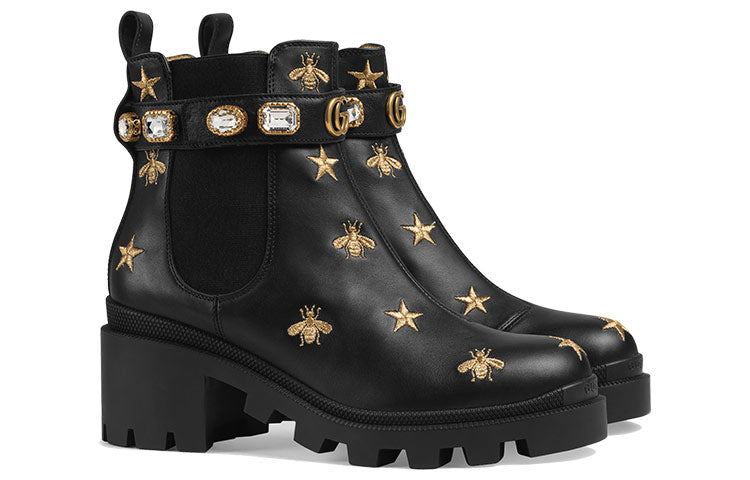 (WMNS) Gucci Stars and Bee Embroidered Leather Ankle Boot With Belt 'Black' 557735-AYO10-1000