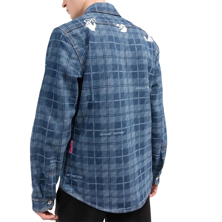 Men's Off-White SS22 Plaid Back Logo Printing Single Breasted Long Sleeves Ordinary Version Blue Shirt OMYD027G20DEN001450