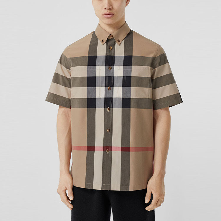 Men's Burberry Plaid Cotton Short Sleeve Shirt Beige 80428361