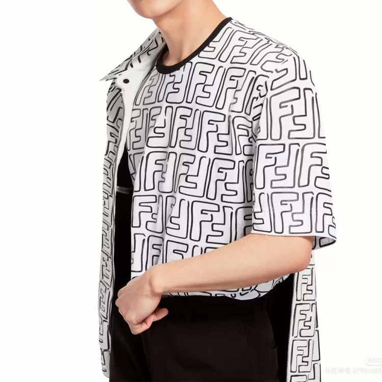Men's FENDI Series FF Printing Round Neck Loose Short Sleeve Black White Colorblock FY0936ACNMF0QA0