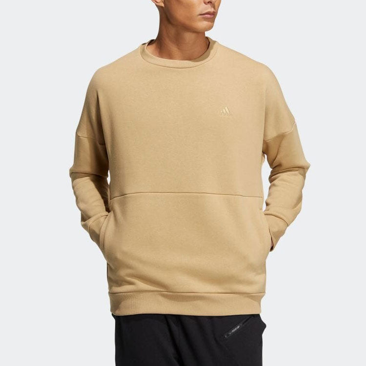 adidas Solid Color Logo Embroidered Casual Round Neck Pullover Unisex Khaki HM2687