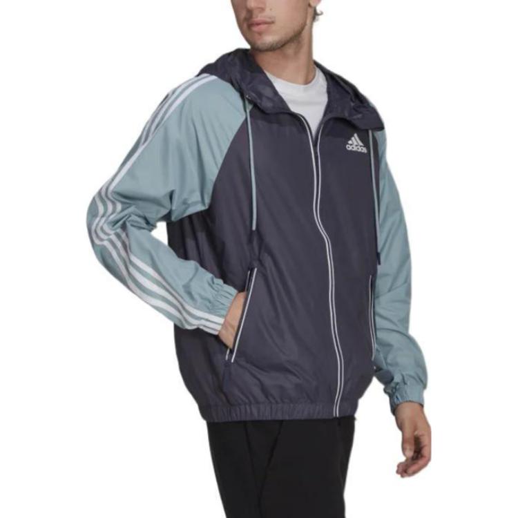 Men's adidas BSC Classic Splicing Design Drawstring Zipper Hooded Jacket Blue H65777