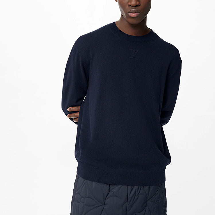 Men's LOUIS VUITTON FW21 Solid Color Logo Embossing Round Neck Long Sleeves Navy Blue 1A9FP9