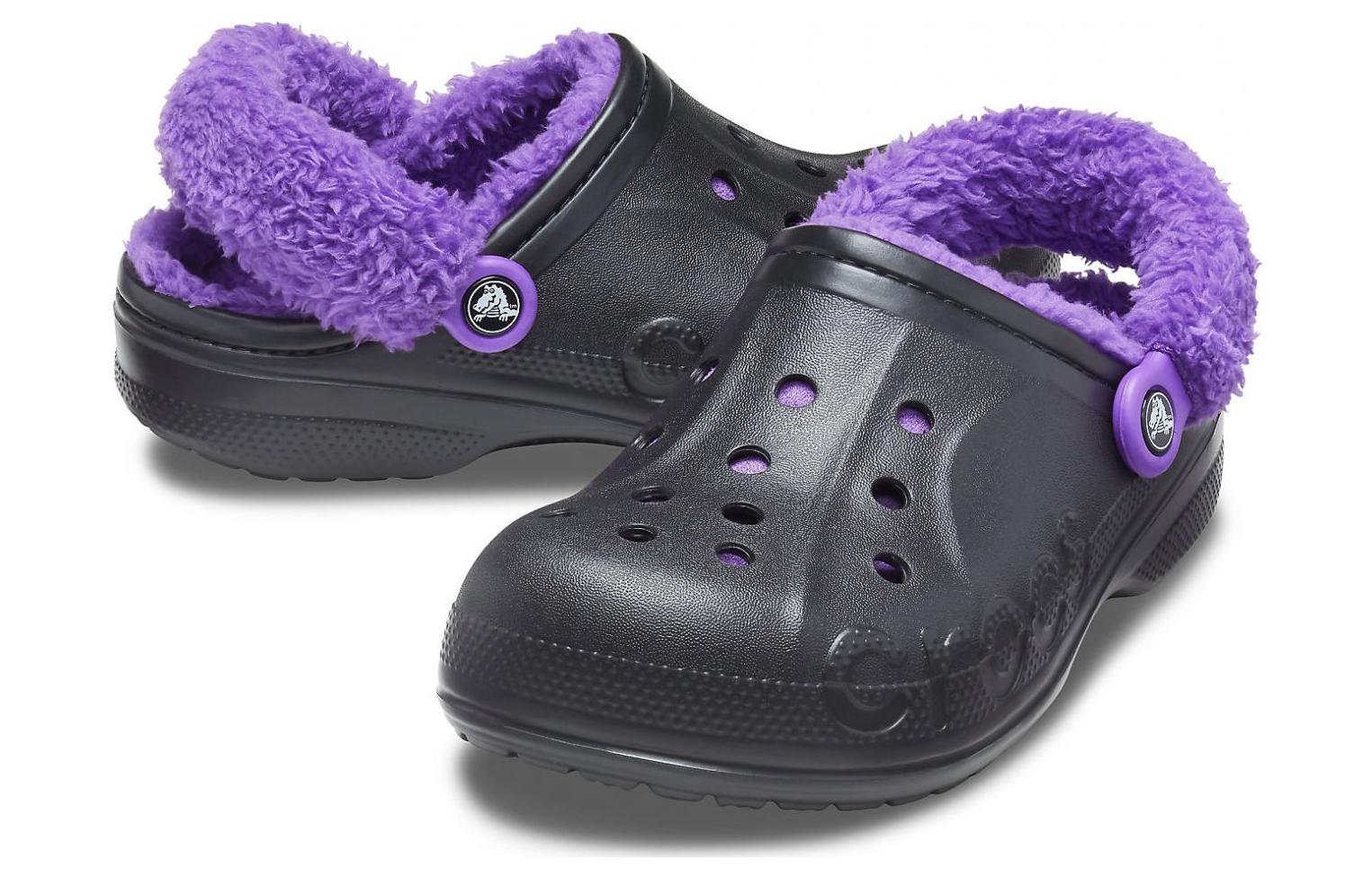 Crocs Baya Lined Fuzz Strap Clogs 'Black Purple' 20663309V