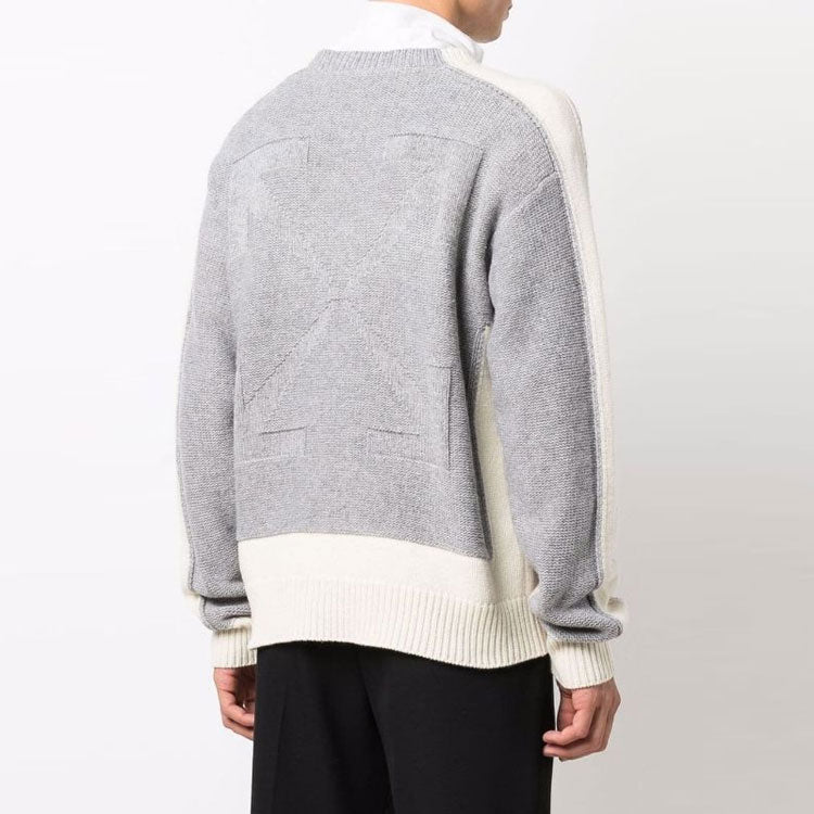 Men's Off-White FW21 Colorblock Round Neck Pullover Wool Sweater Loose Fit Beige OMHE094F21KNI0016105