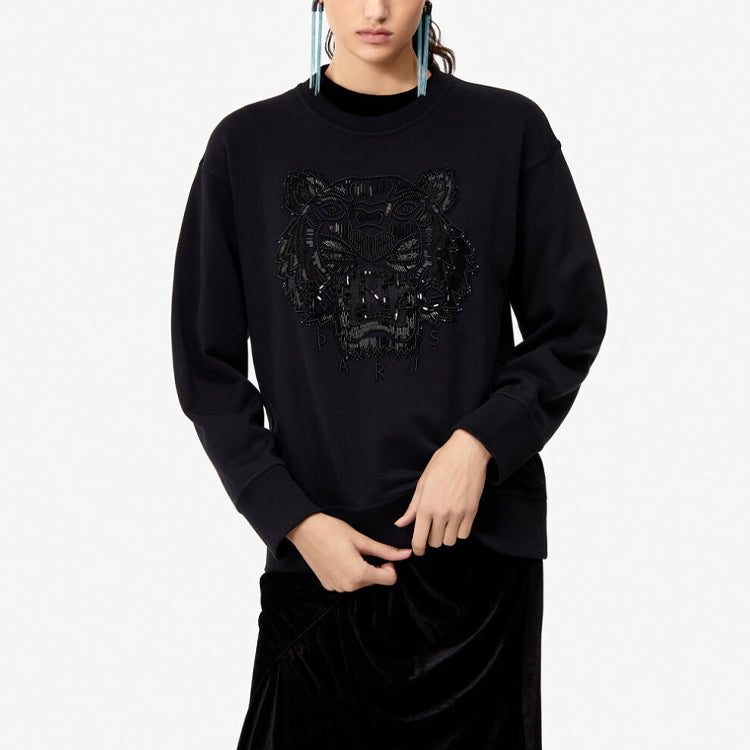 (WMNS) KENZO Embroidered Tiger Head Logo Round Neck Black Hoodie F862SW7414XV-99