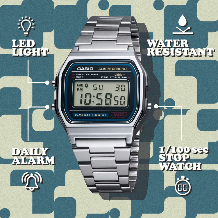 CASIO Waterproof Sports Unisex Mens Silver Digital A158WA-1
