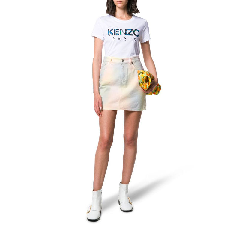 KENZO Multi-Color Logo Embroidered Short Sleeve White F962TS70199001
