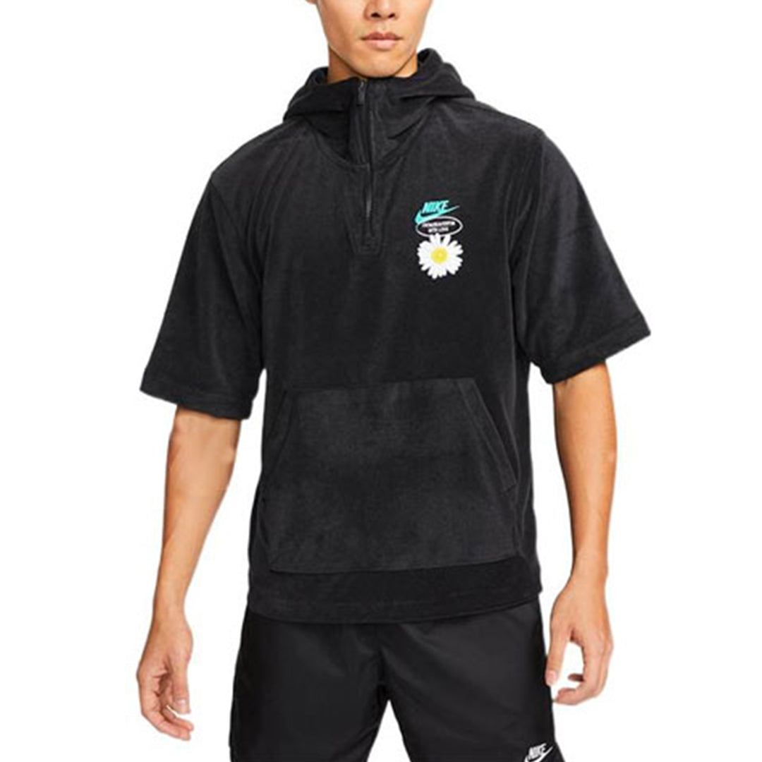 Nike Sportswear Solid Color Embroidered daisy Logo Printing hooded Sports Short Sleeve Black DM5063-010