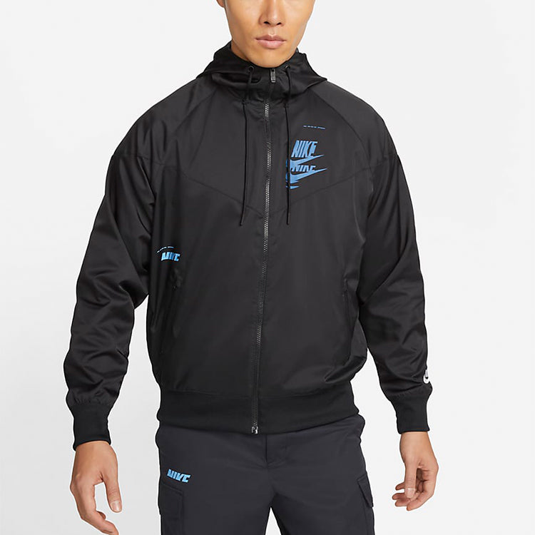 Nike Sportswear Sport Logo Printing Woven Breathable Hooded Jacket 'Black Blue' DM6868-010