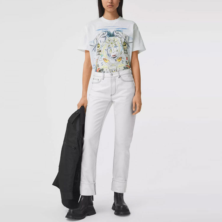 Burberry Ocean Sketch Printing Cotton Loose Short Sleeve White 80407711