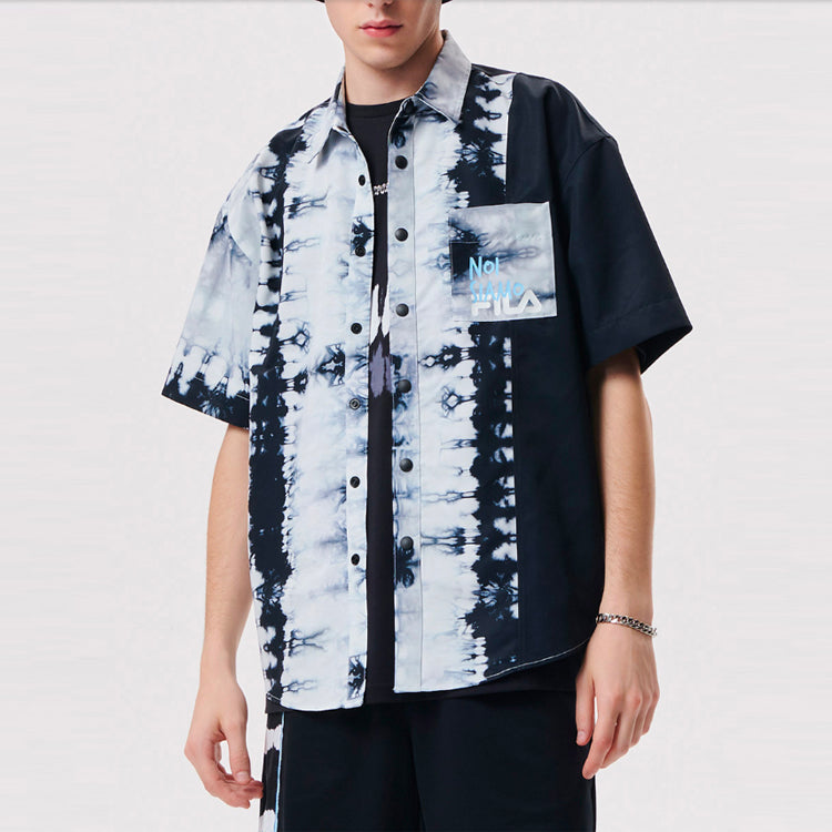 Men's FILA FUSION Alphabet Printing Contrasting Colors Tie Dye Casual Short Sleeve Shirt Black T11M131402F-BK