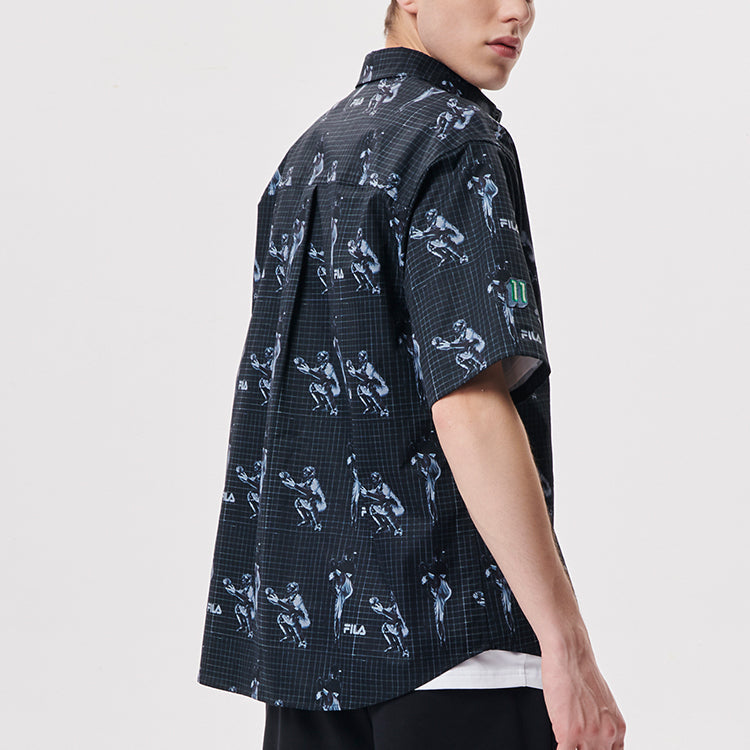 Men's FILA FUSION Pattern Full Print Loose Sports Short Sleeve Vitality Sports Black Shirt T11M132401A-BK