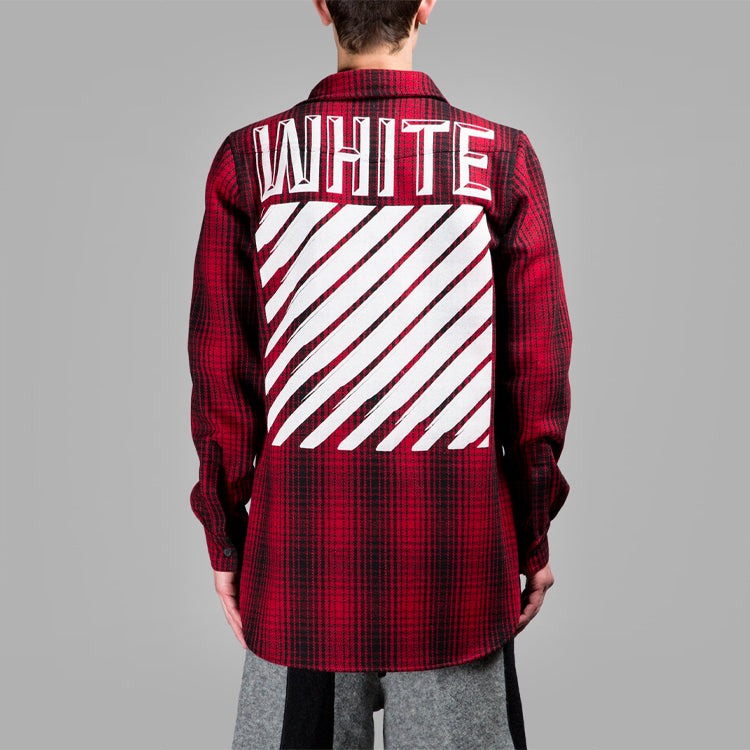 Men's Off-White Stripe Plaid Red Shirt OMGA001F150690169901