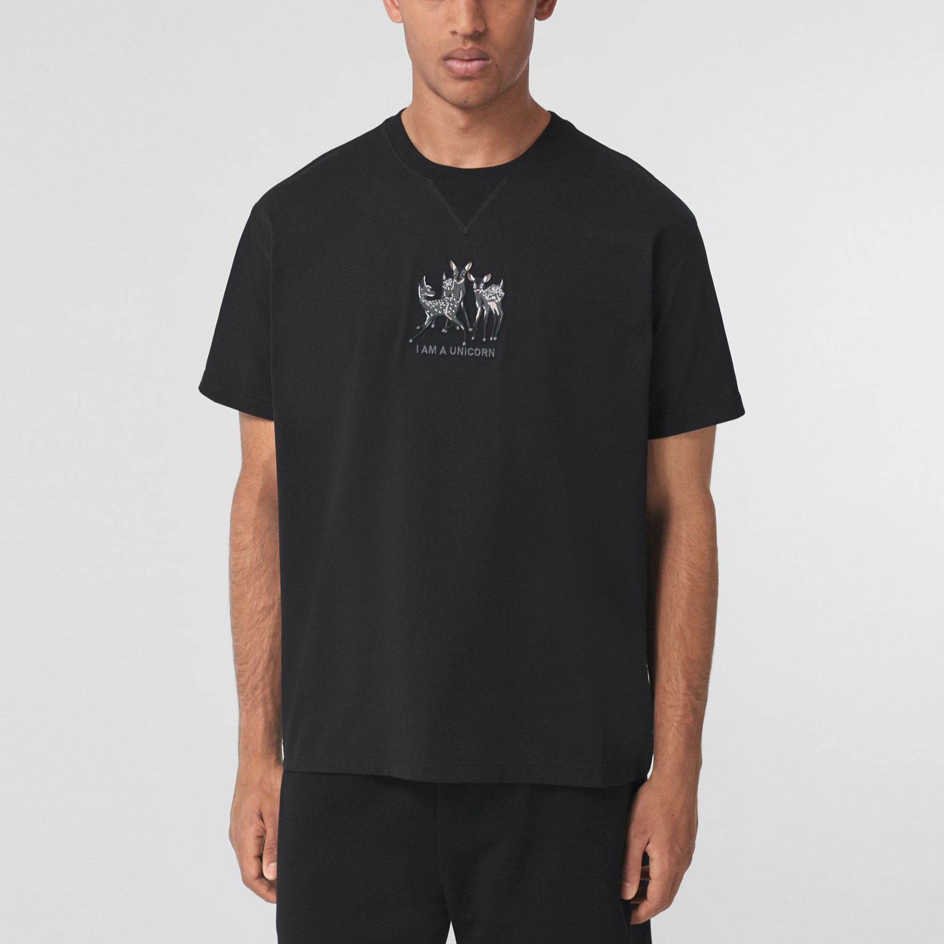 Men's Burberry Embroidered Loose Pullover Short Sleeve Black 80426881